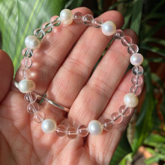 6mm Authentic Clear Quartz Gemstone Bracelet with 8mm Real Fresh Water Pearls - Picture 4 of 5